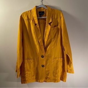Carole Little Silk Blazer Mustard Yellow Women’s Size 12 Wood Pearlized Buttons